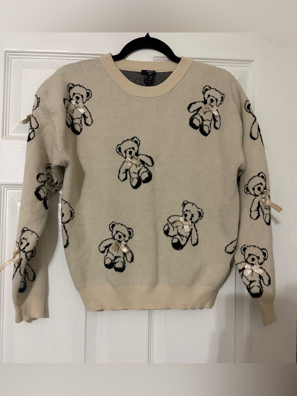 Forever 21 Cream Teddy Bear Knit Sweater with Black Detail